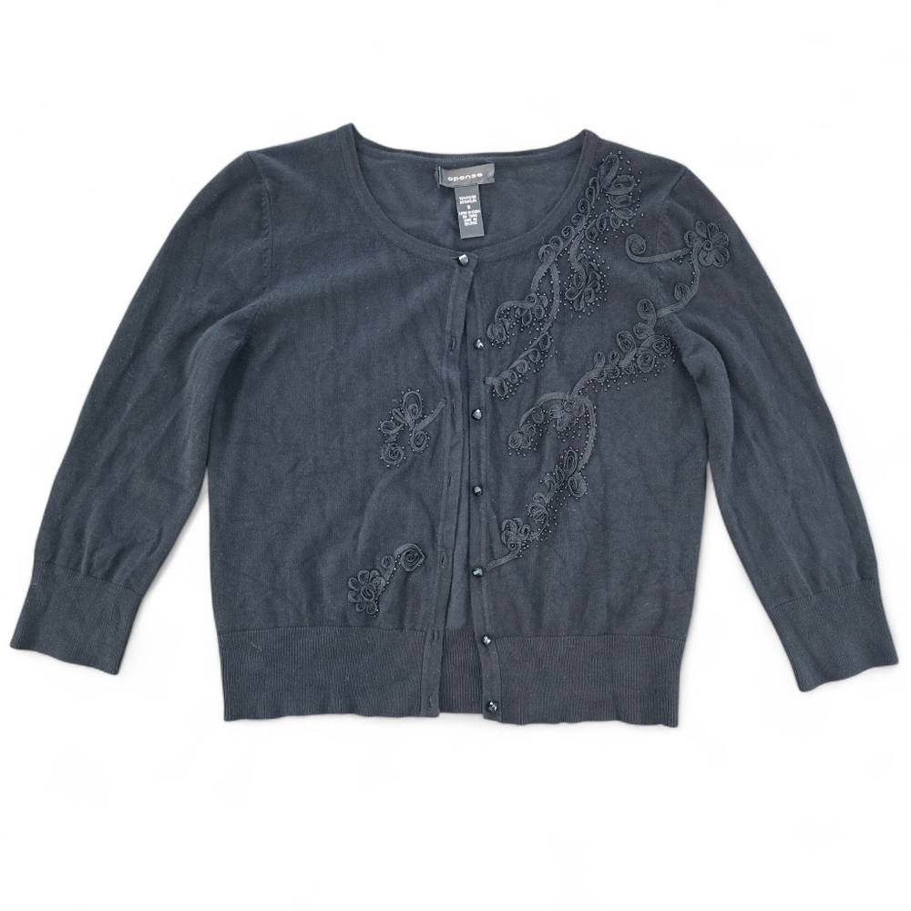Spense Black Embellished Floral Beaded Cardigan Sweater Size S Button Front Y2K